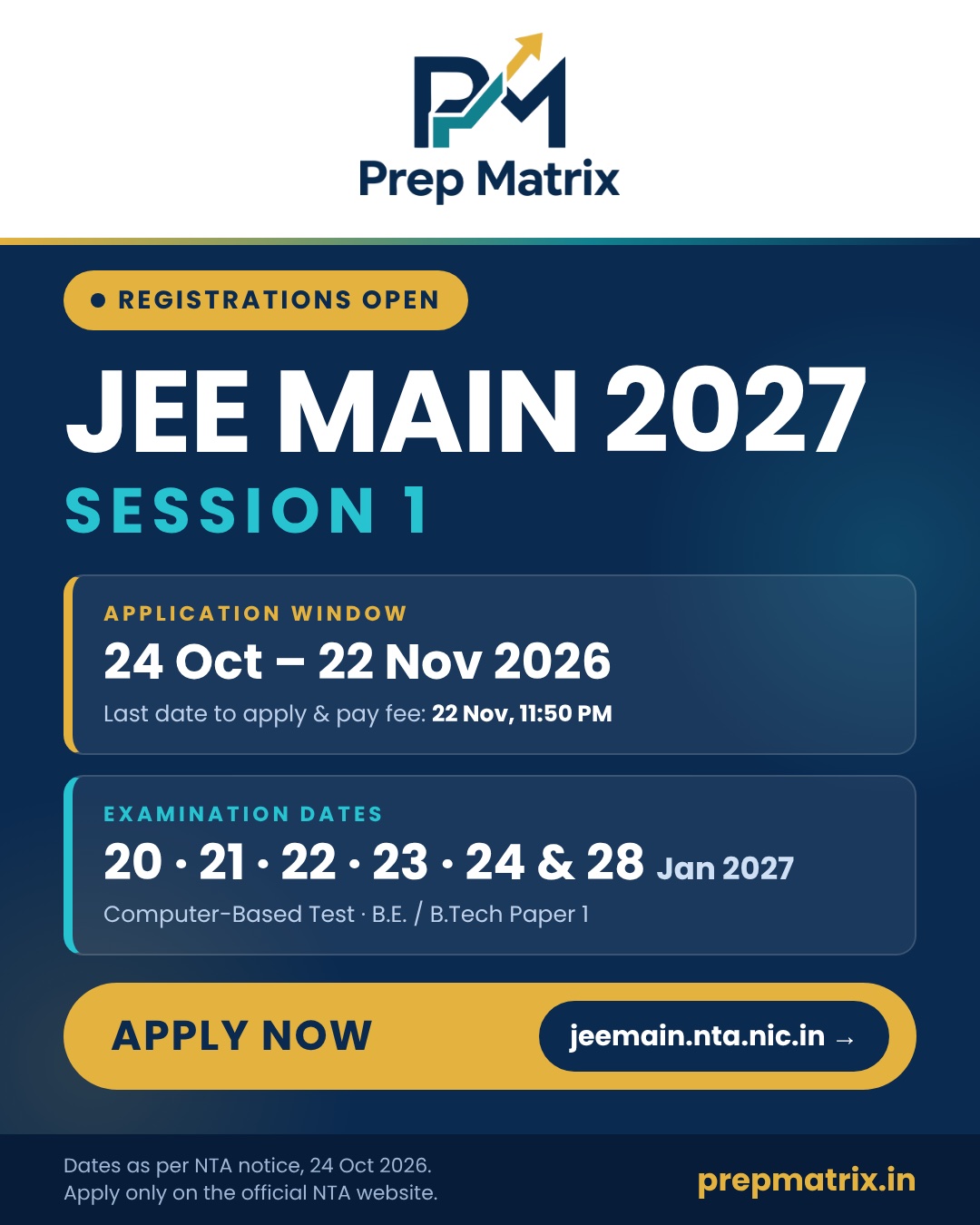 JEE Main 2027 Session 1: application window 24 October – 22 November 2026; exam on 20, 21, 22, 23, 24 and 28 January 2027